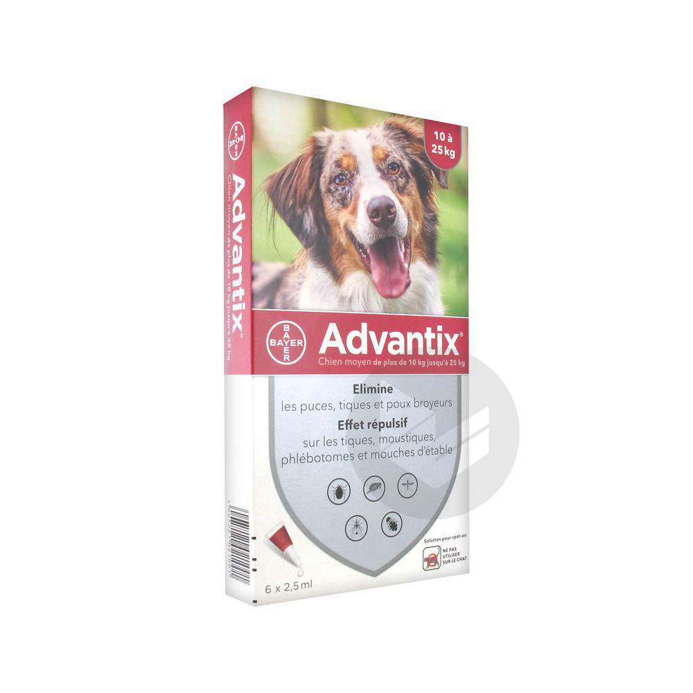 ADVANTIX S ext chien moyen 10-25kg 6Pipettes/2,5ml