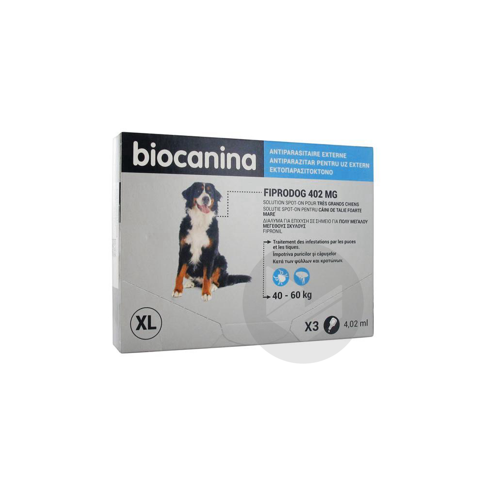 Biocanina Fiprodog 402 mg Solution Spot-On Très Grands Chiens 3 Pipettes de 4,02 ml