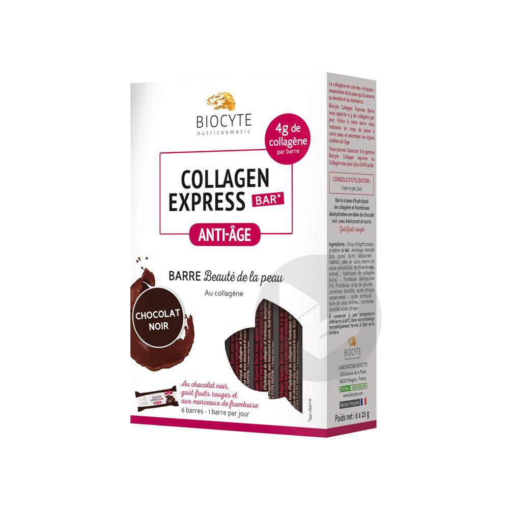 Biocyte Collagen Express Bar Anti-Âge Barre Beauté de la Peau Chocolat Noir 6 Barres