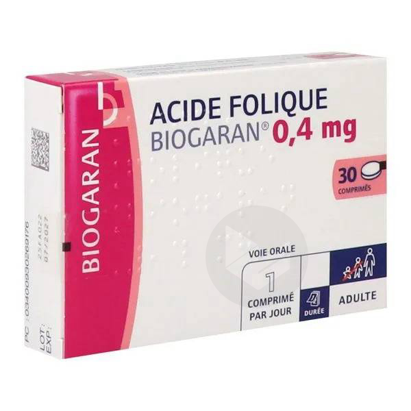ACIDE FOLIQUE BIOGARAN 0,4 mg, 30 comprimés