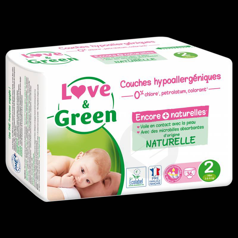 Couche hypoallergénique taille 2 (3-6kg) 44 unités Love & Green Bébé  écologique