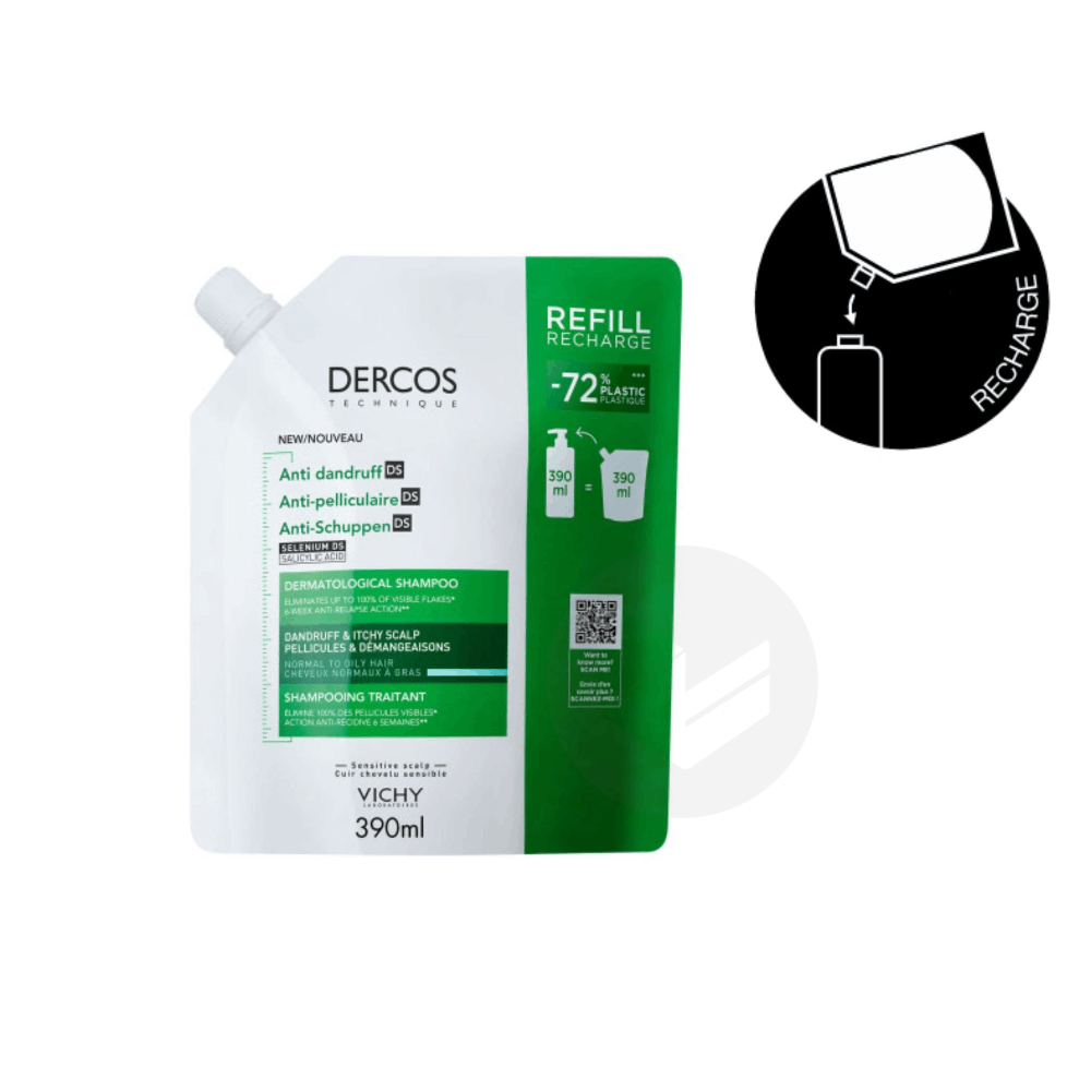Dercos Shampoing Antipelliculaire DS Cheveux normal à gras Ecorecharge 390ml