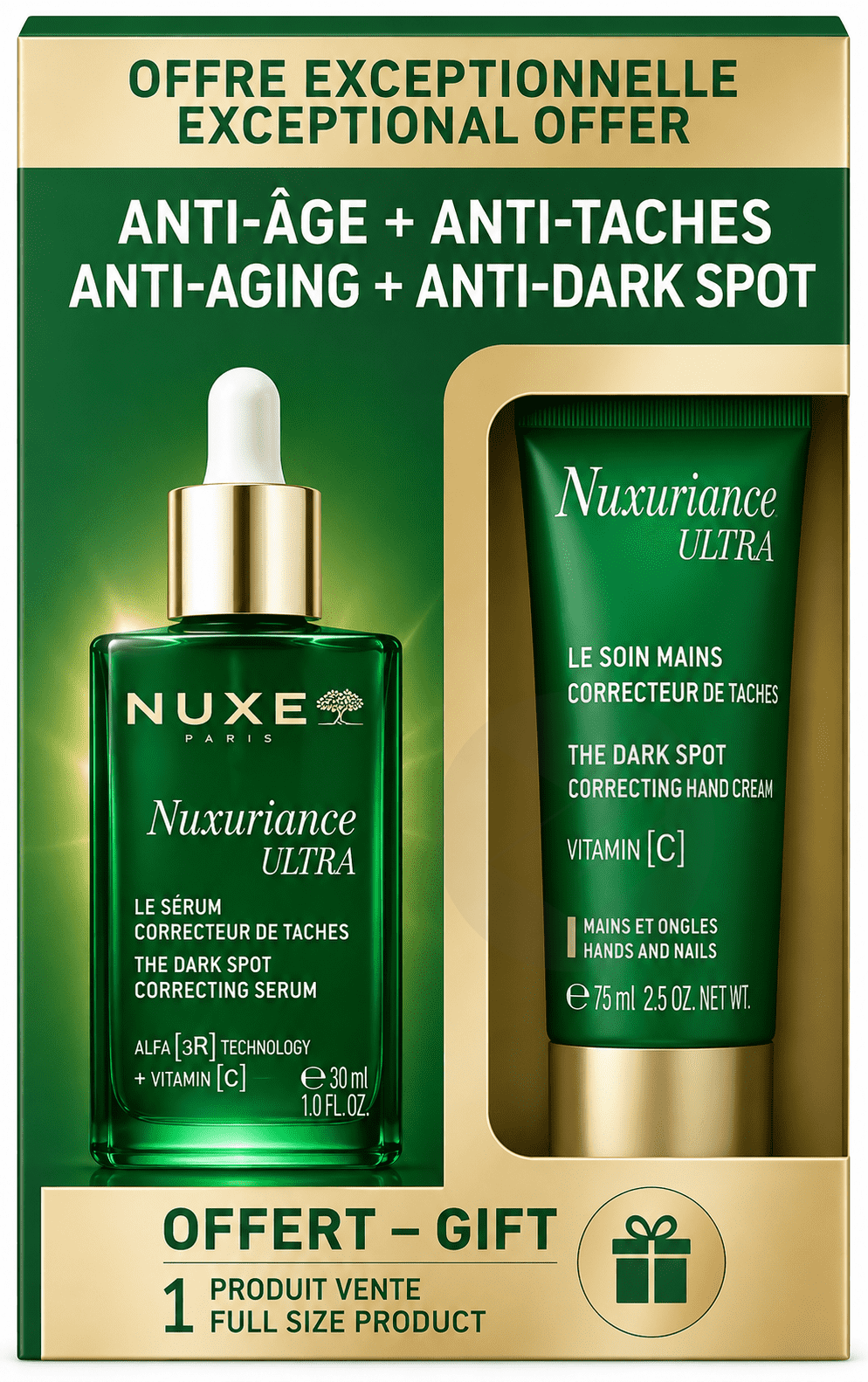 Nuxuriance Ultra Sérum Correcteur de Taches Anti-Âge 30ml + Soin Mains Correcteur de Taches Mains et Ongles 75ml Offert