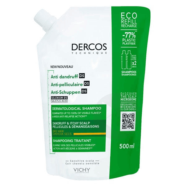 Dercos Technique Eco-Recharge Shampooing Antipelliculaire Ds Cheveux Secs 500ml