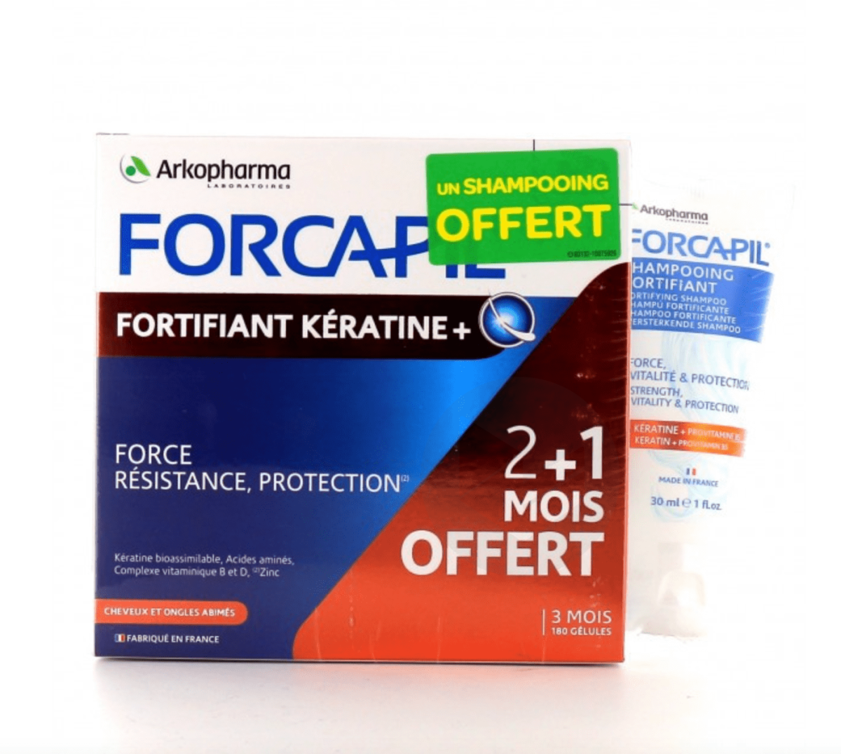 Forcapil Fortifiant+Keratine 180 gélules + Shampooing offert 30ml