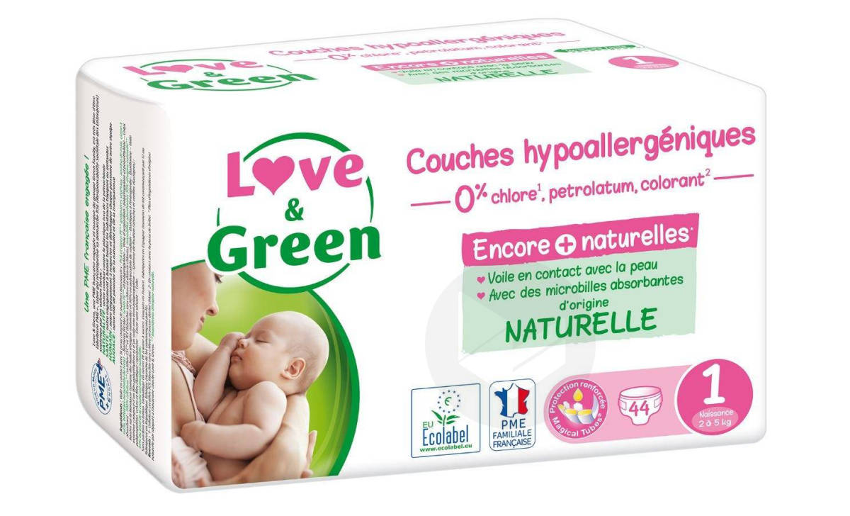 Couche hypoallergénique Taille 1 (2-5kg) 44 unités Love & Green