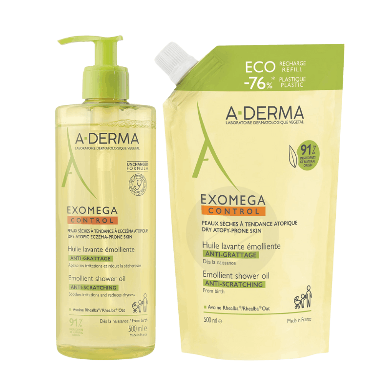 EXOMEGA CONTROL Huile Lavante Emolliente Anti-Grattage 500ml + Eco Recharge 500ml