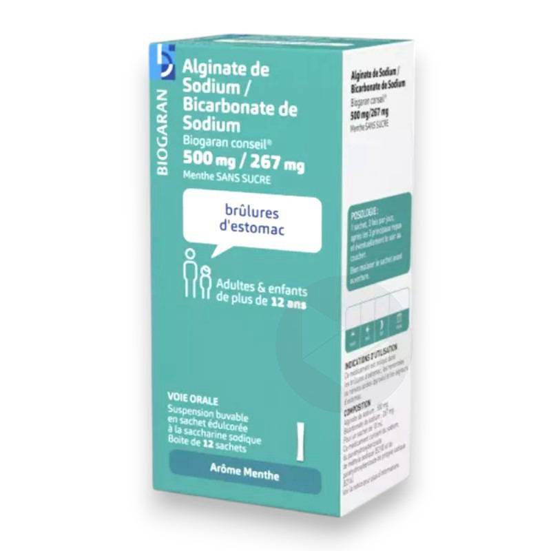 ALGINATE DE SODIUM/BICARBONATE DE SODIUM BIOGARAN CONSEIL 500 mg/267 mg, 12 sachets