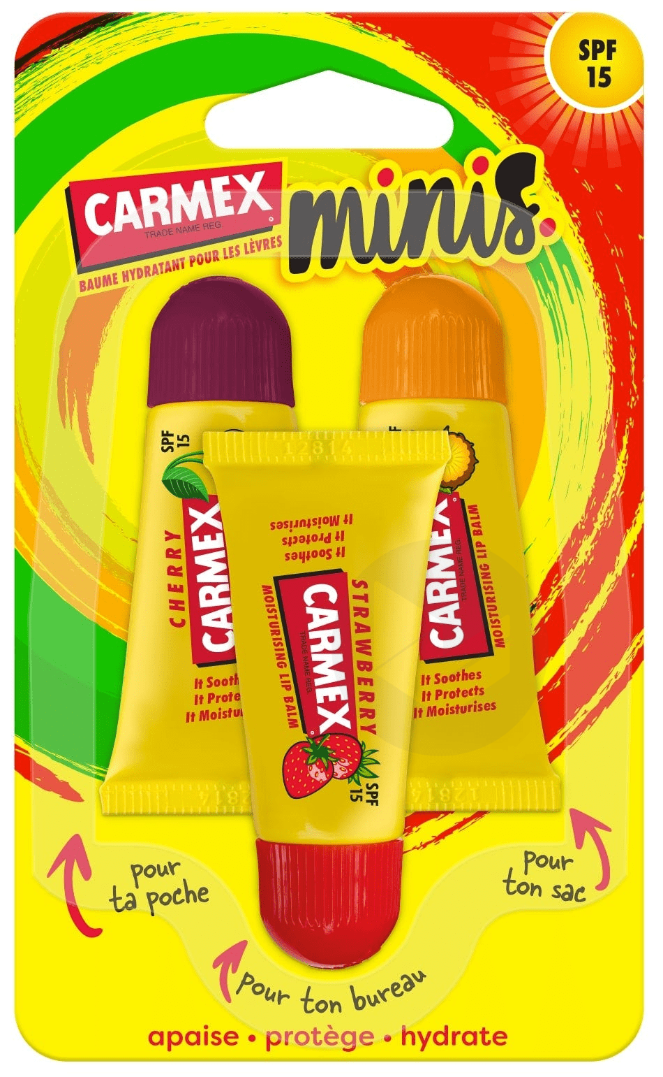 Mini Baumes à Lèvres Hydratants Goût Fraise, Cerise et Ananas SPF15 - Lèvres Sèches, 3x5g