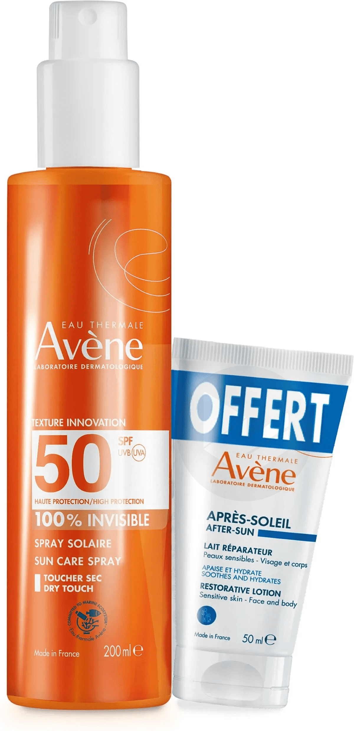 Spray Invisible SPF50 Visage et Corps 200ml + Lait Réparateur Après-Soleil 50ml Offert