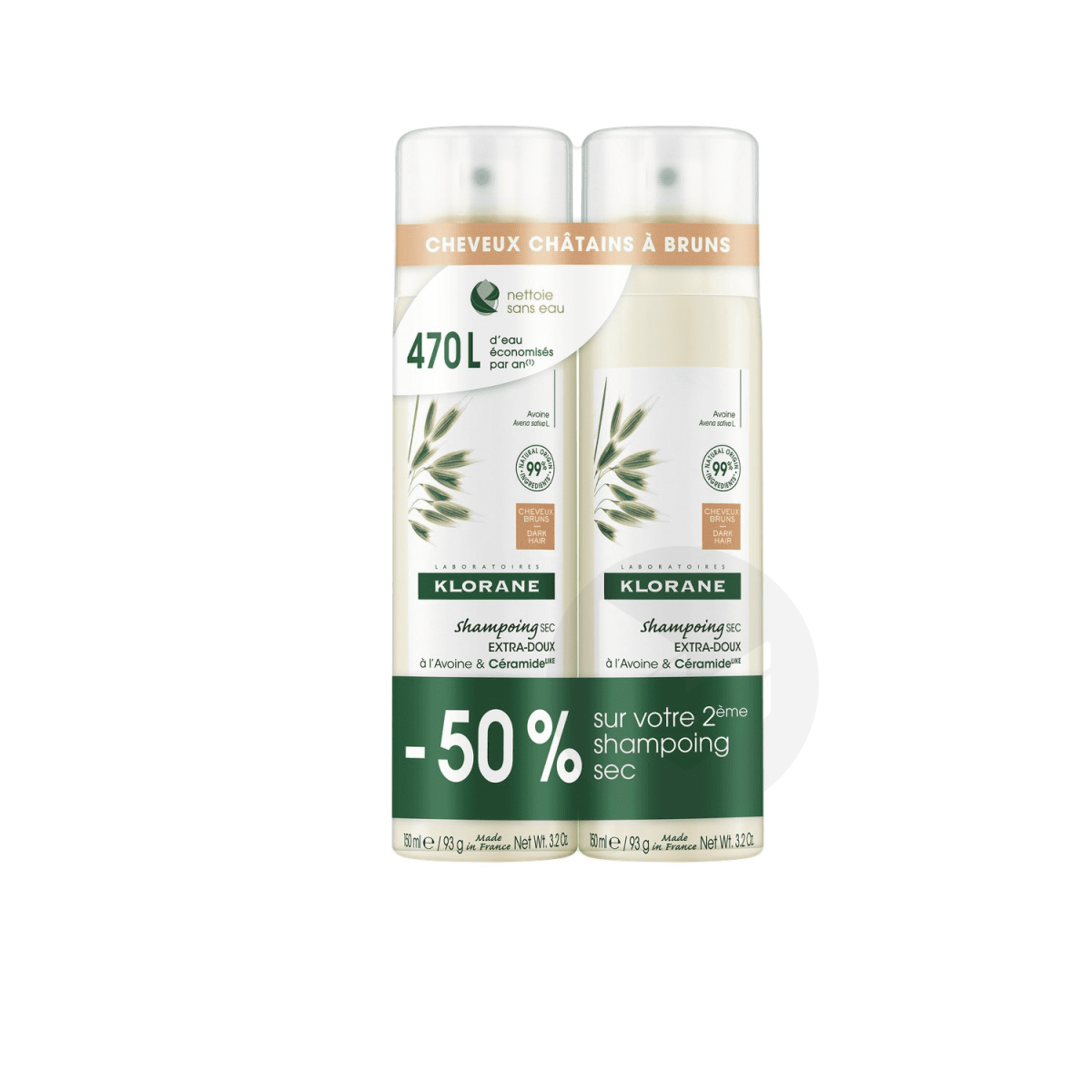 Shampoing Sec Cheveux Châtains à Bruns Avoine et Céramide 2x150ml
