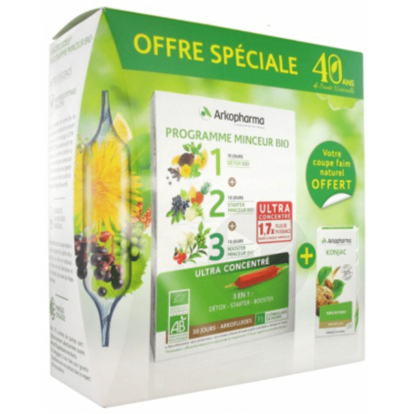 Arkofluides Programme Minceur Bio 30 ampoules + Arkogélules Konjac 45 gélules