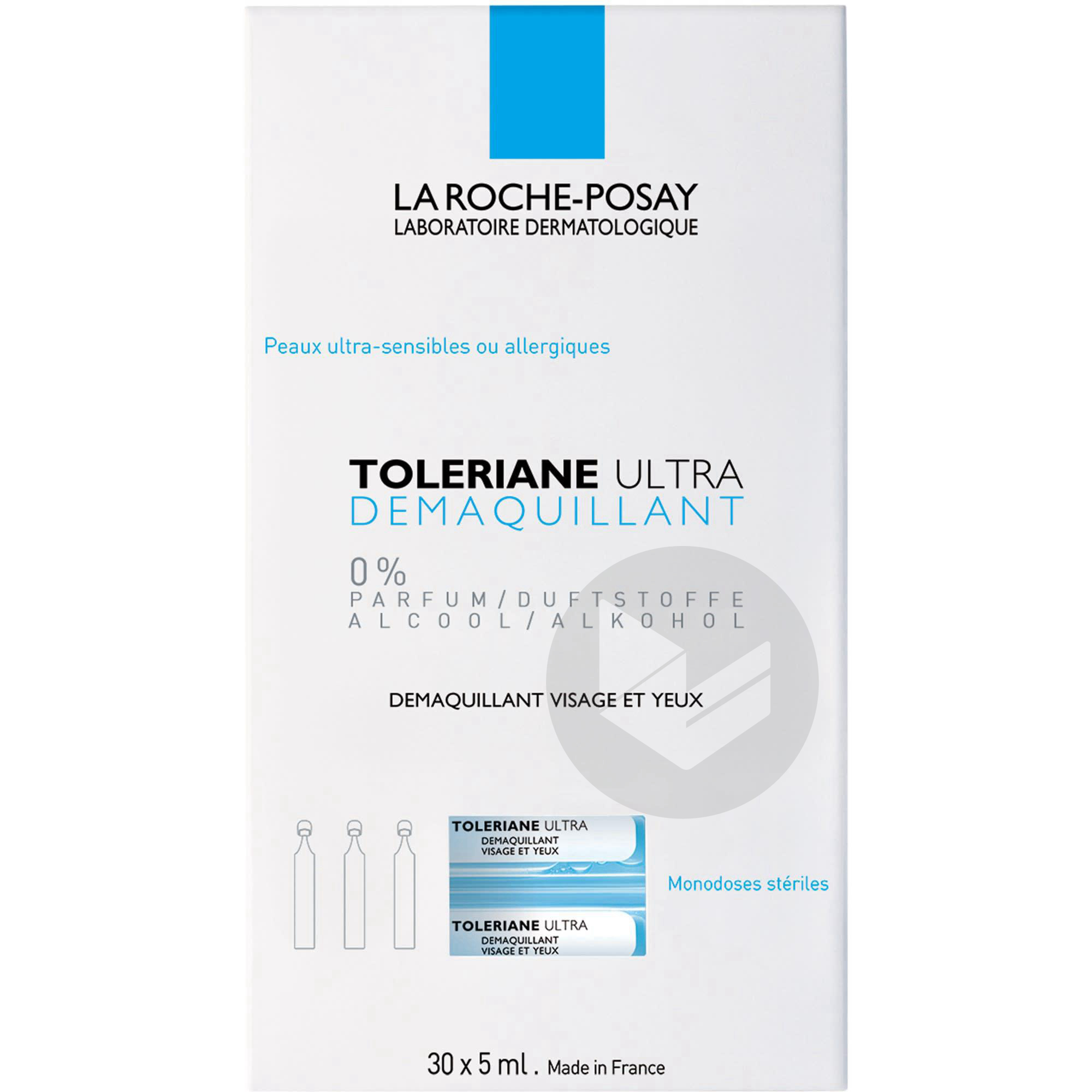 Démaquillant visage et yeux peaux ultra-sensibles à allergiques Monodoses stériles 30 x 5ml