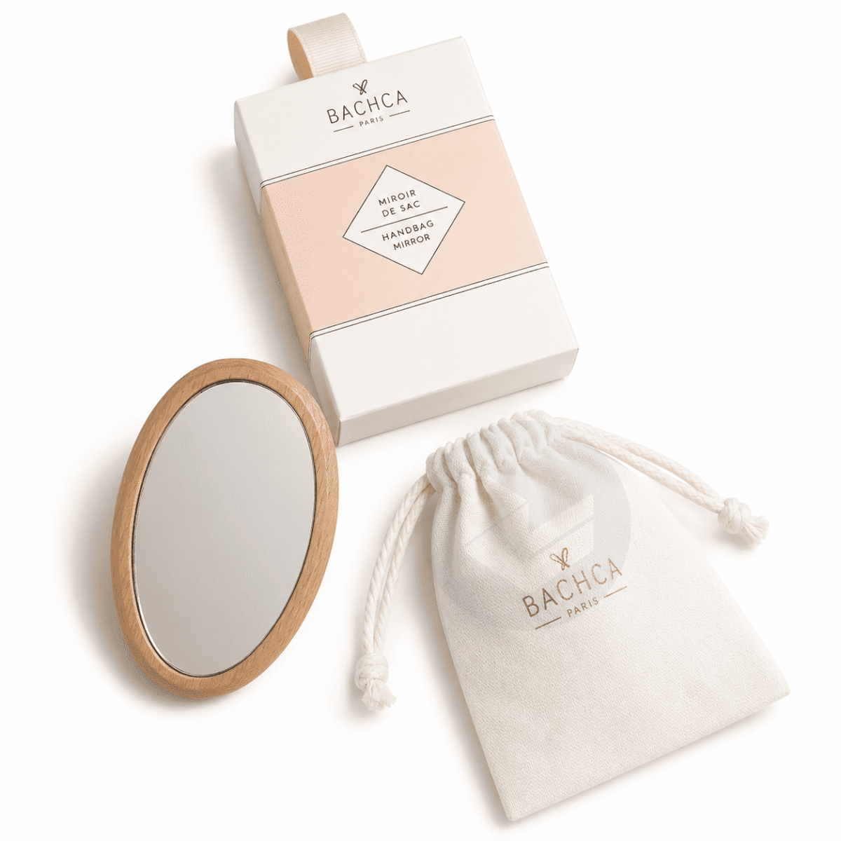 Miroir de sac en bois & pochette en coton