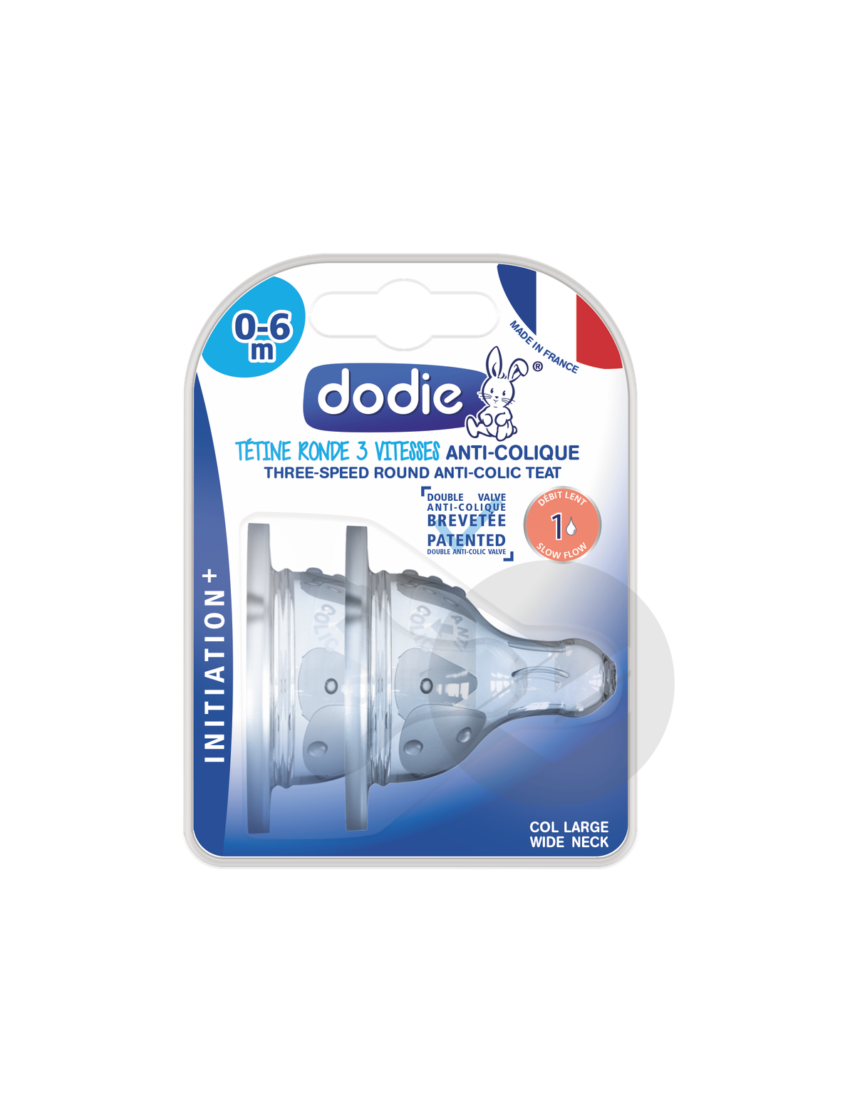 Tétine Initiation+ ronde 3 vitesses Anti-Colique col large 0-6 mois silicone débit 1