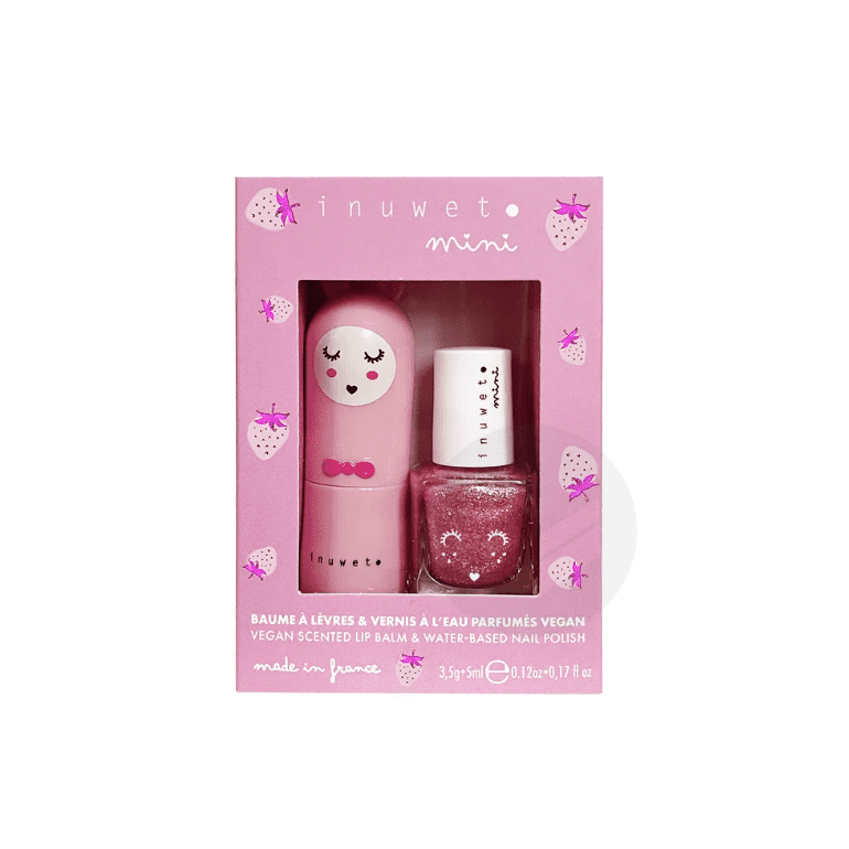Coffret rose duo baume à lèvres fraise et vernis à l'eau rose clair 3,5g + 5ml