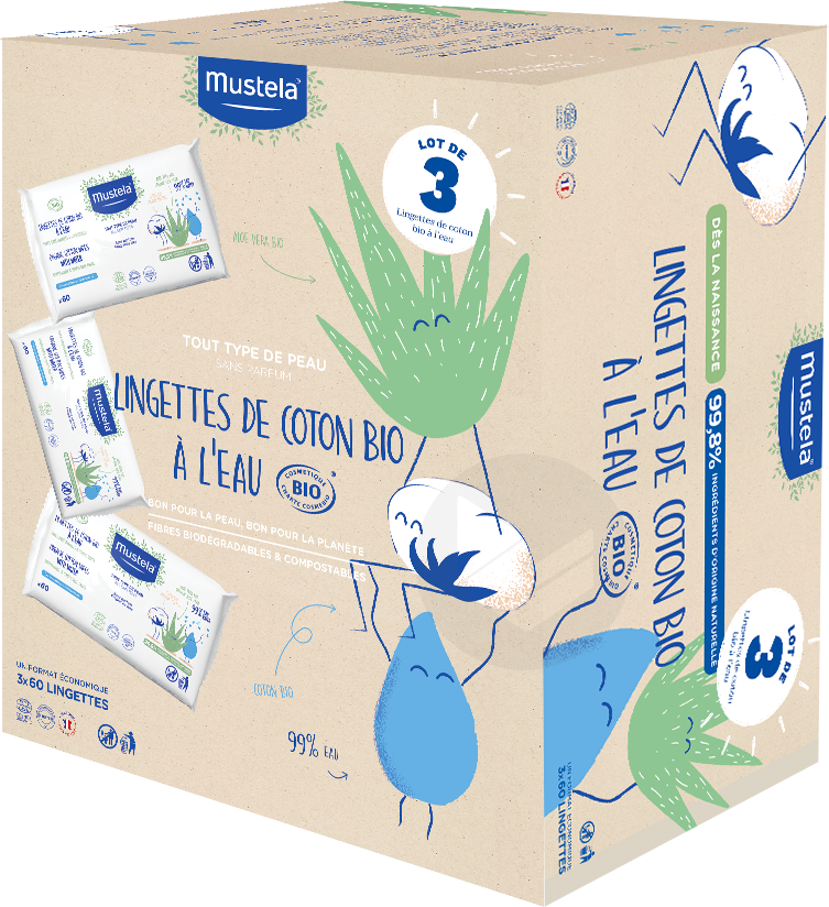 Lingettes de Coton Bio à l'Eau x3