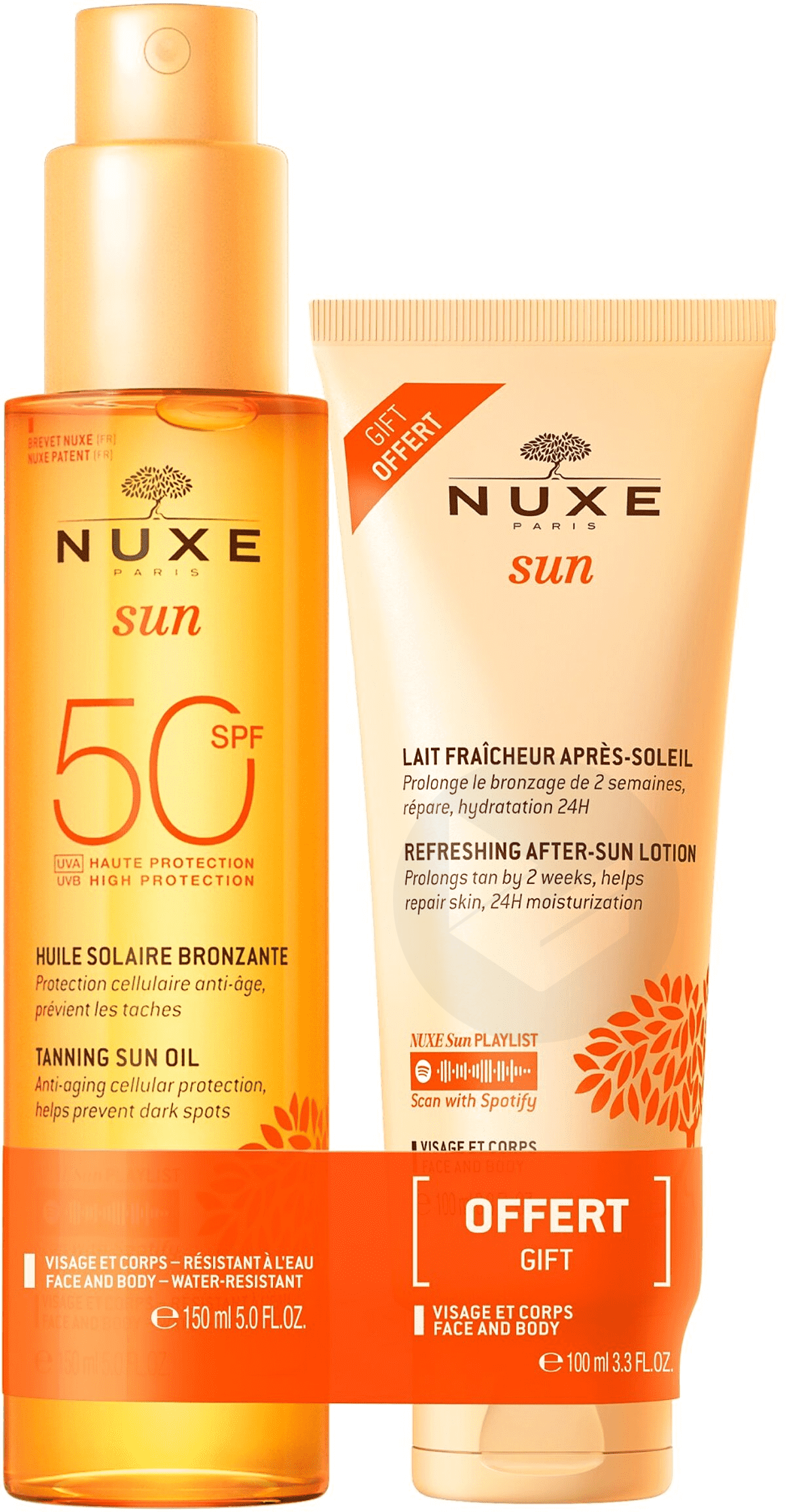 Huile bronzante haute protection SPF50 150ml + Lait fraîcheur après-soleil visage et corps 100ml