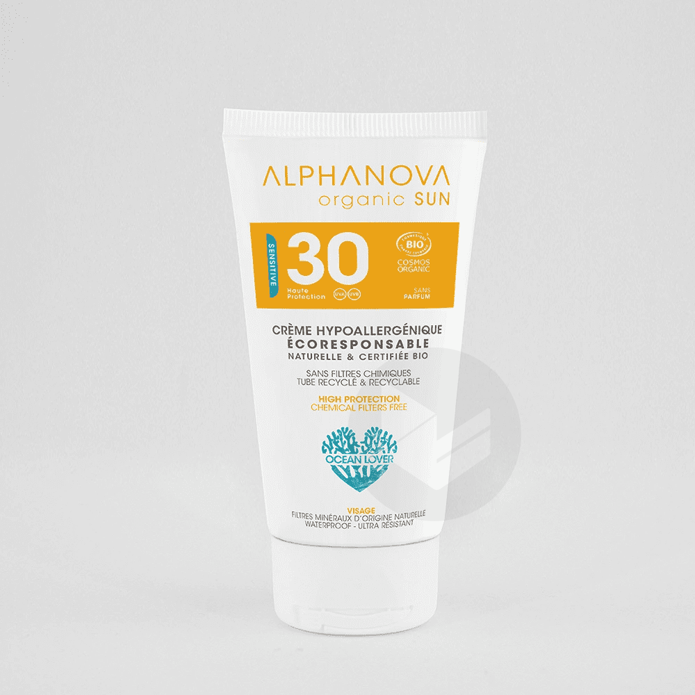 Crème solaire certifiée bio hypoallergénique visage SPF30 50g