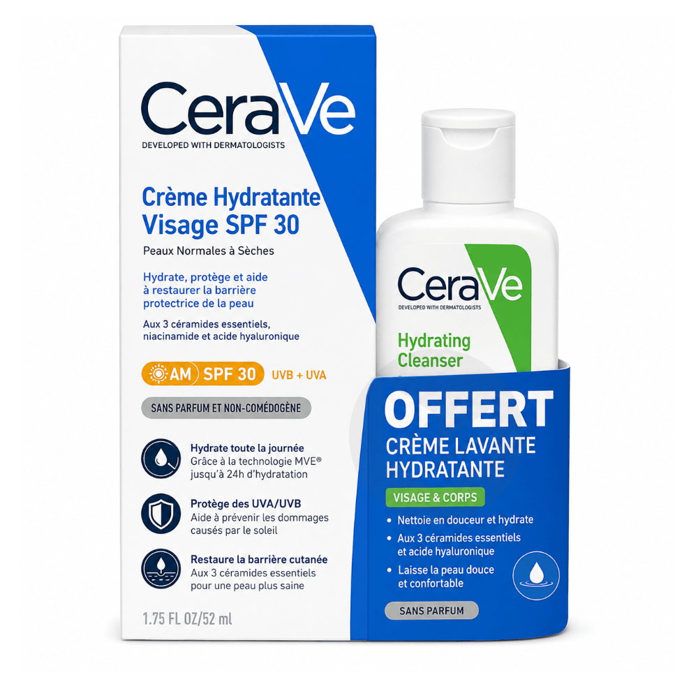 Crème hydratante visage SPF30 52ml + Crème lavante 20ml offerte
