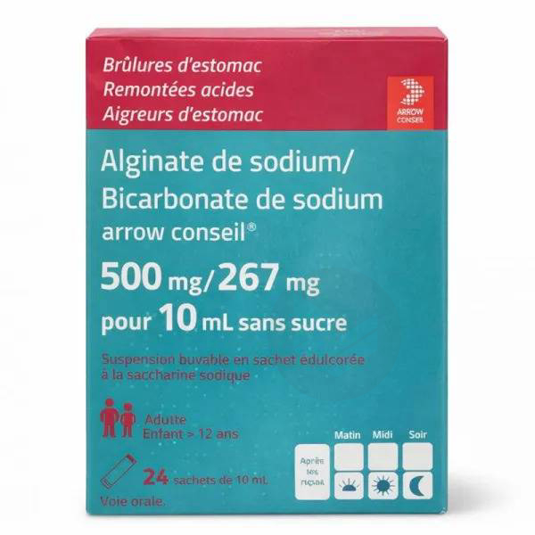 ALGINATE DE SODIUM/BICARBONATE DE SODIUM ARROW CONSEIL 500 mg/267 mg pour 10 ml sans sucre, 24 sachets