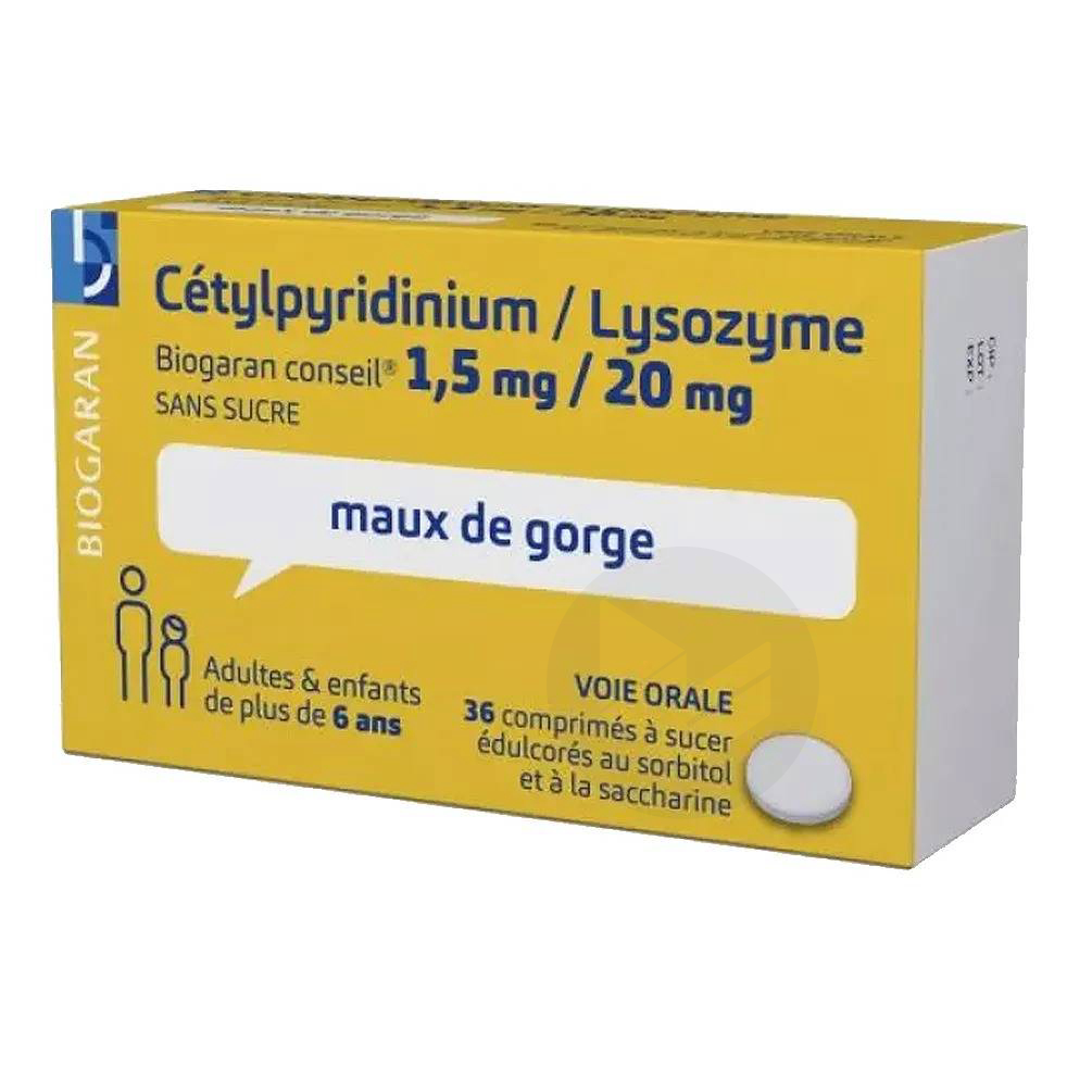 CETYLPYRIDINIUM / LYSOZYME BIOGARAN CONSEIL 1,5 mg/20 mg SANS SUCRE, 36 comprimés à sucer