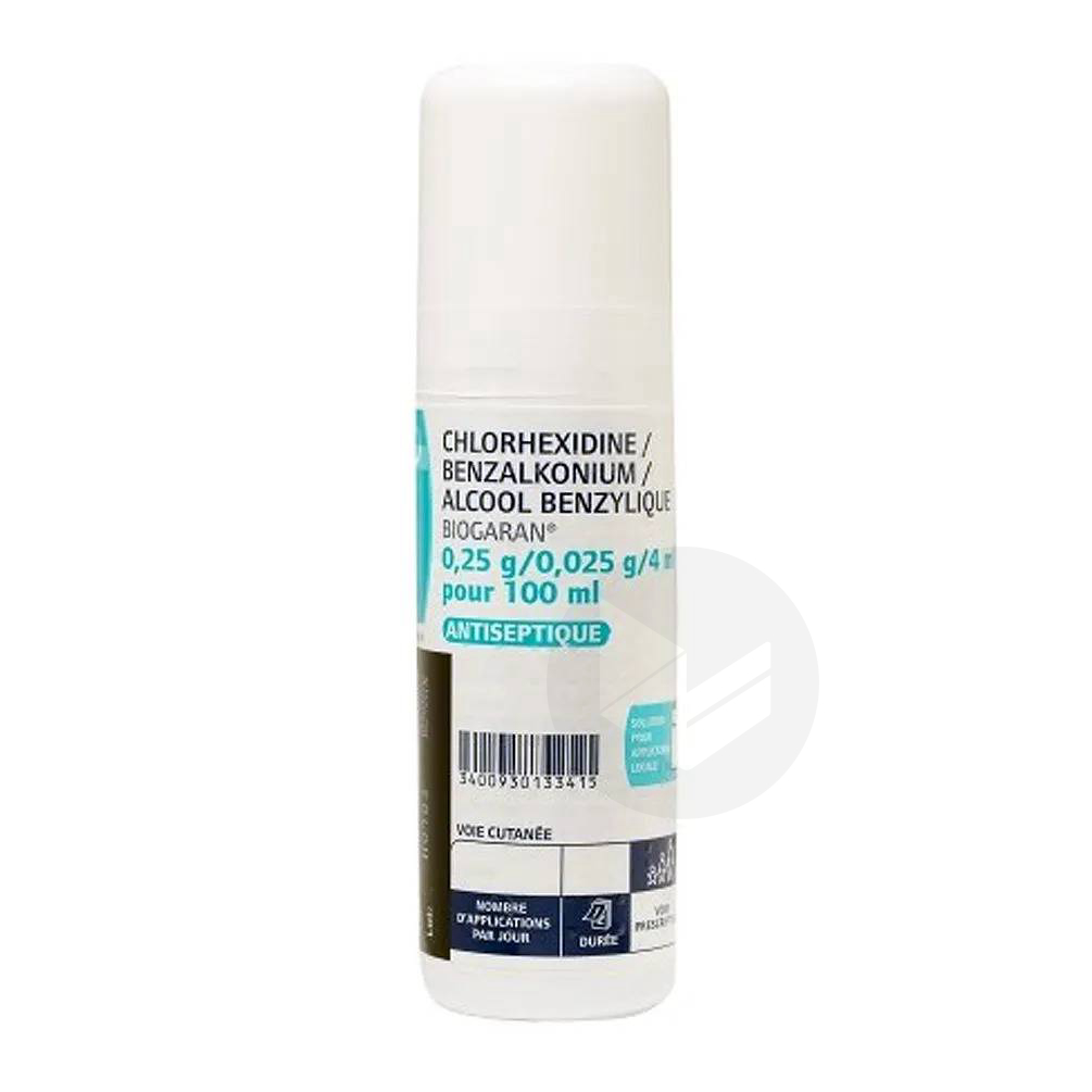 CHLORHEXIDINE/BENZALKONIUM/ALCOOL BENZYLIQUE BIOGARAN solution, 100 ml