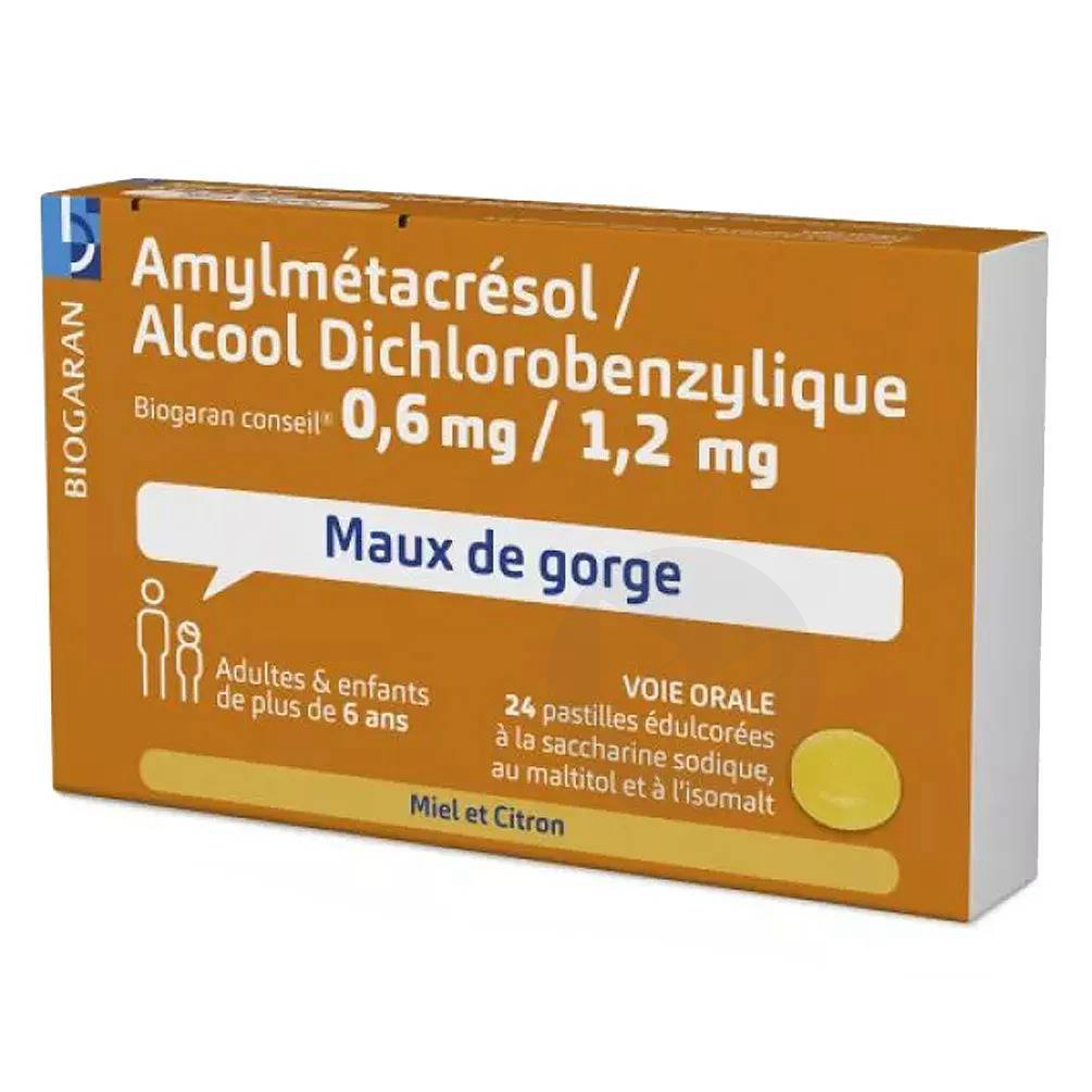 AMYLMETACRESOL/ALCOOL DICHLOROBENZYLIQUE BIOGARAN CONSEIL 0,6 mg/1,2 mg MIEL ET CITRON, 24 pastilles