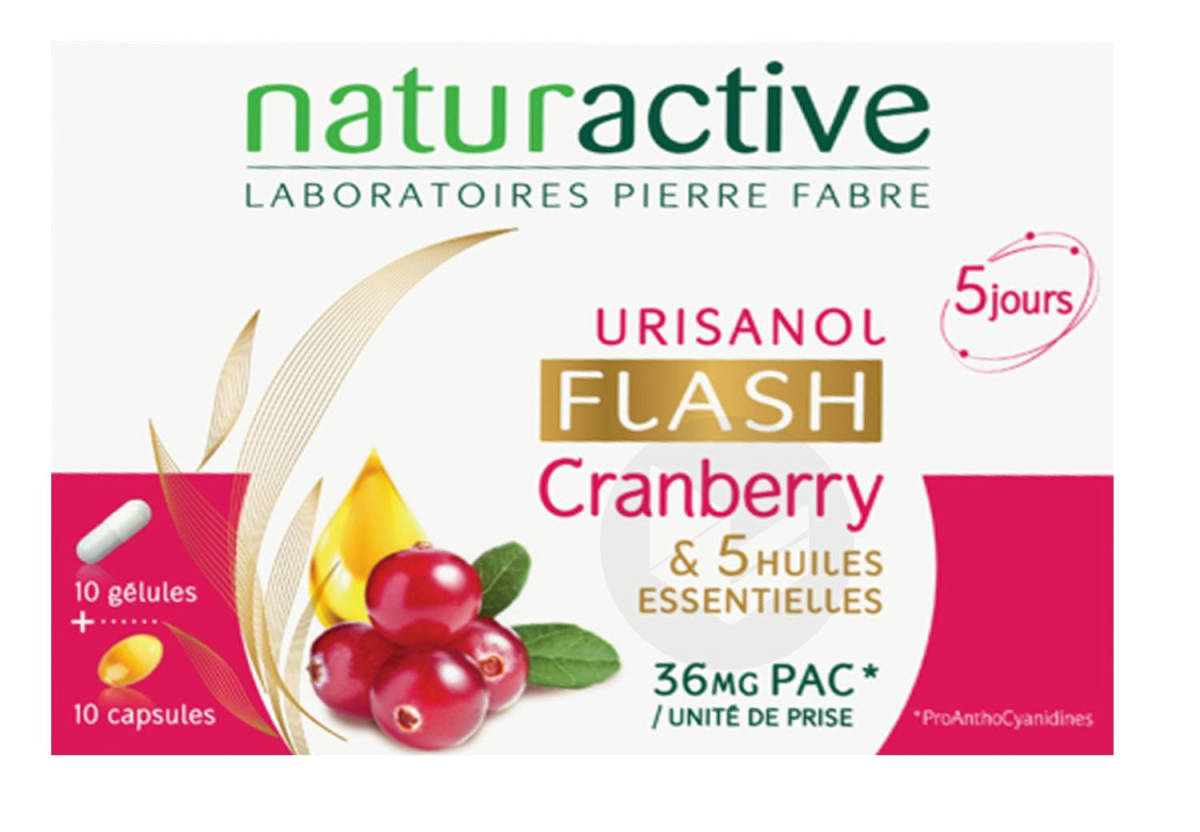 Urisanol Flash Cranberry & 5 Huiles Essentielles 10 Gélules + 10 Capsules