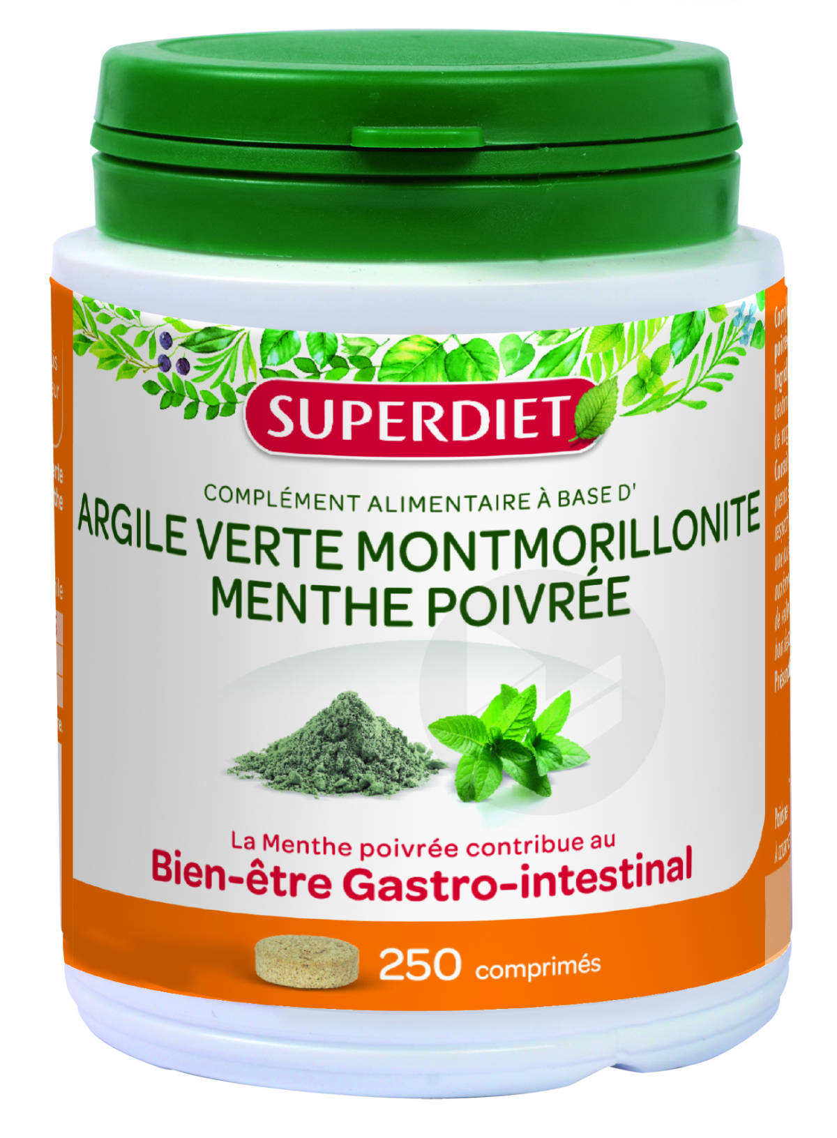 Argile Verte Montmorillonite Menthe Poivrée 250 Comprimés