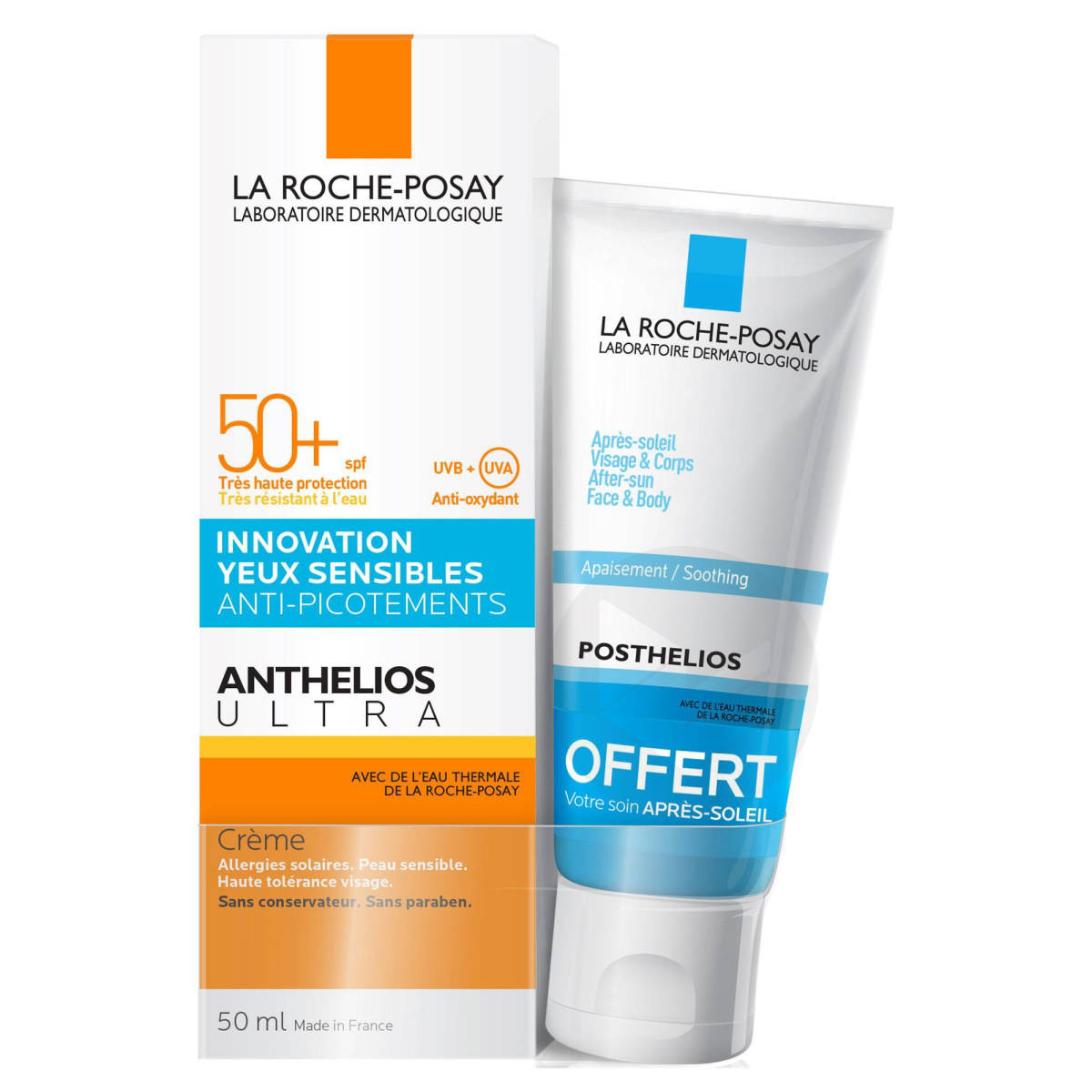 Anthelios Crème Solaire Hydratante Ultra Visage SPF50+ Avec Parfum 50ml + Posthelios Après-Soleil 40ml Offert