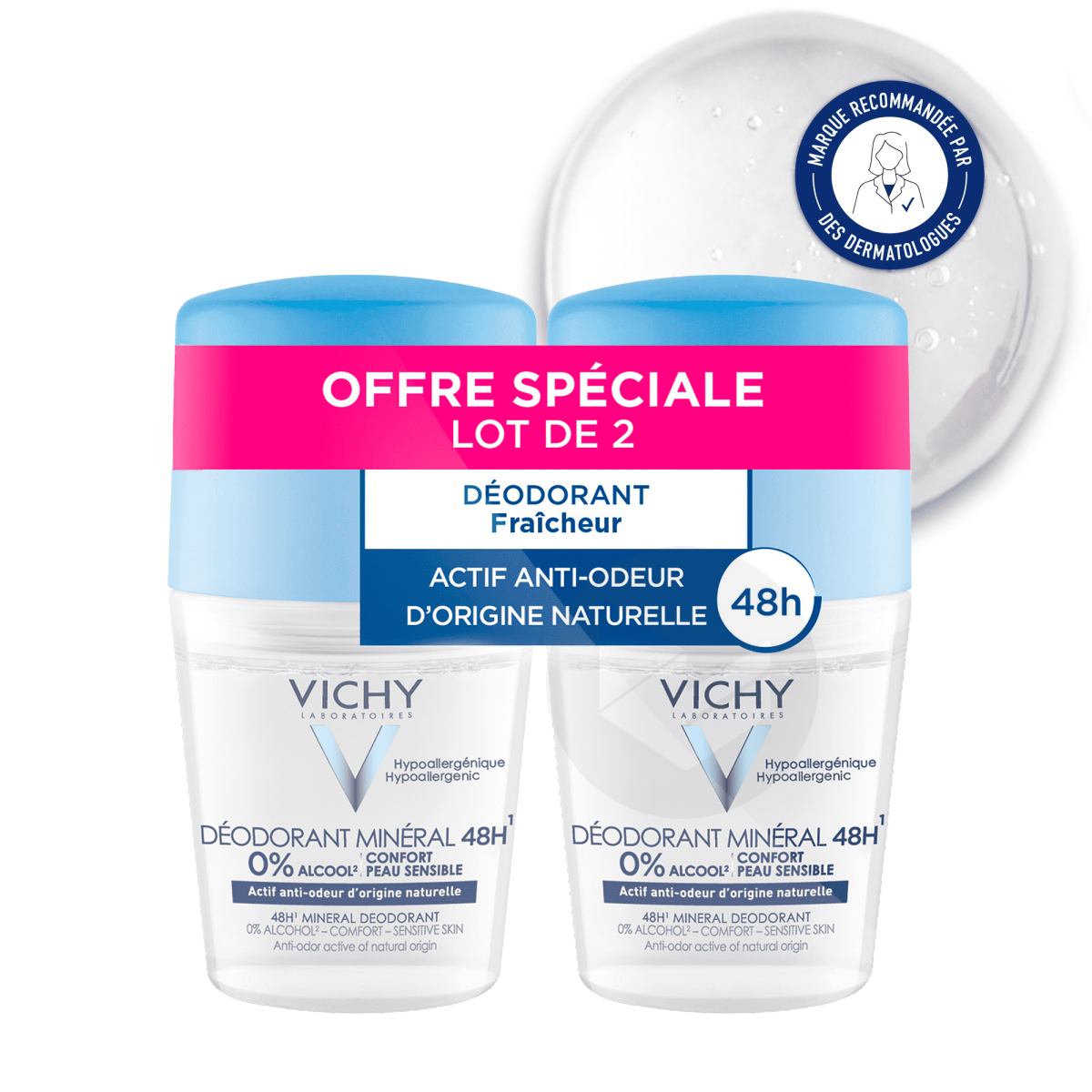 Déodorant bille minéral 48H actif anti-odeur d'origine naturelle 2x50ml