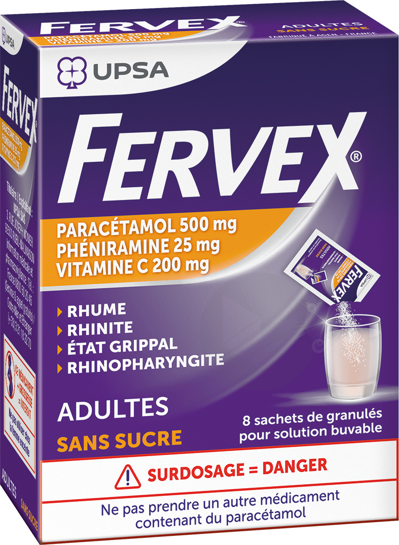 FERVEX ETAT GRIPPAL PARACETAMOL/VITAMINE C/PHENIRAMINE Granulés pour solution buvable en sachet édulcoré à l'aspartam sans sucre adulte (Boîte de 8)