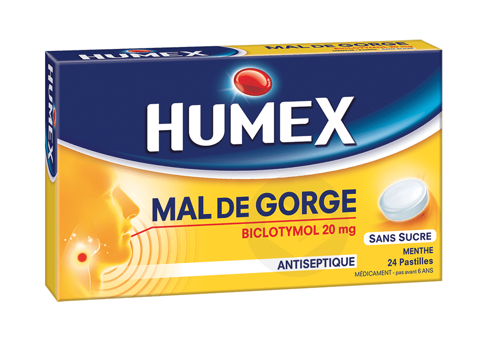 HUMEX 20 mg Pastille pour mal de gorge biclotymol menthe sans sucre (Plaquette de 24)
