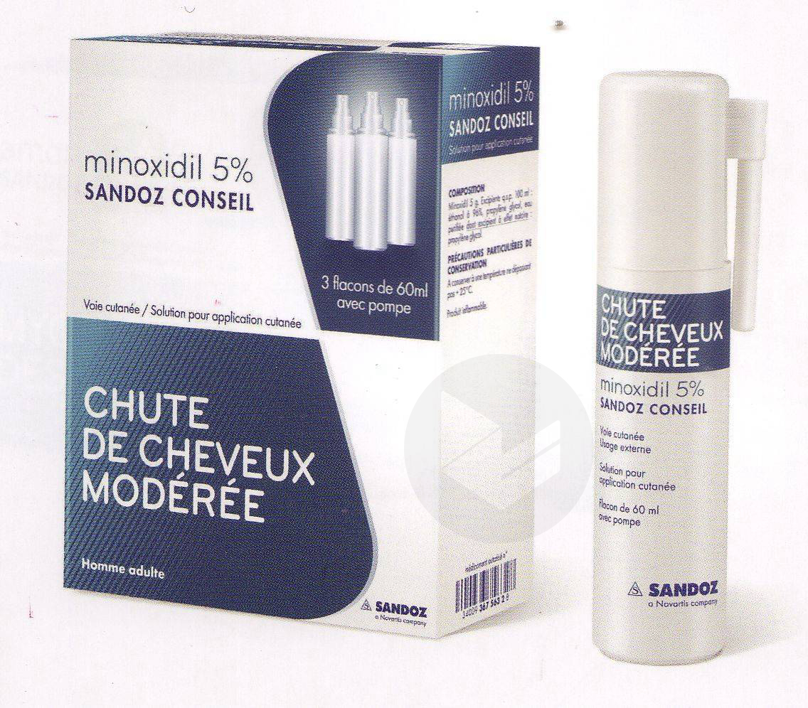 MINOXIDIL SANDOZ CONSEIL 5 % Solution pour application cutanée (3 flacons de 60ml avec applicateur)
