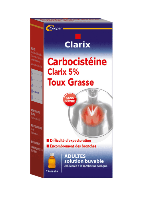 CLARIX 5 % Solution buvable expectorant carbocistéine sans sucre adulte (Flacon de 250ml)