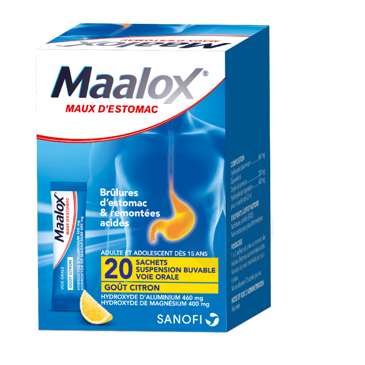 MAALOX HYDROXYDE D'ALUMINIUM/HYDROXYDE DE MAGNESIUM 460 mg/400 mg Susp buv maux d'estomac en sachet 20Sach-dose/4,3ml